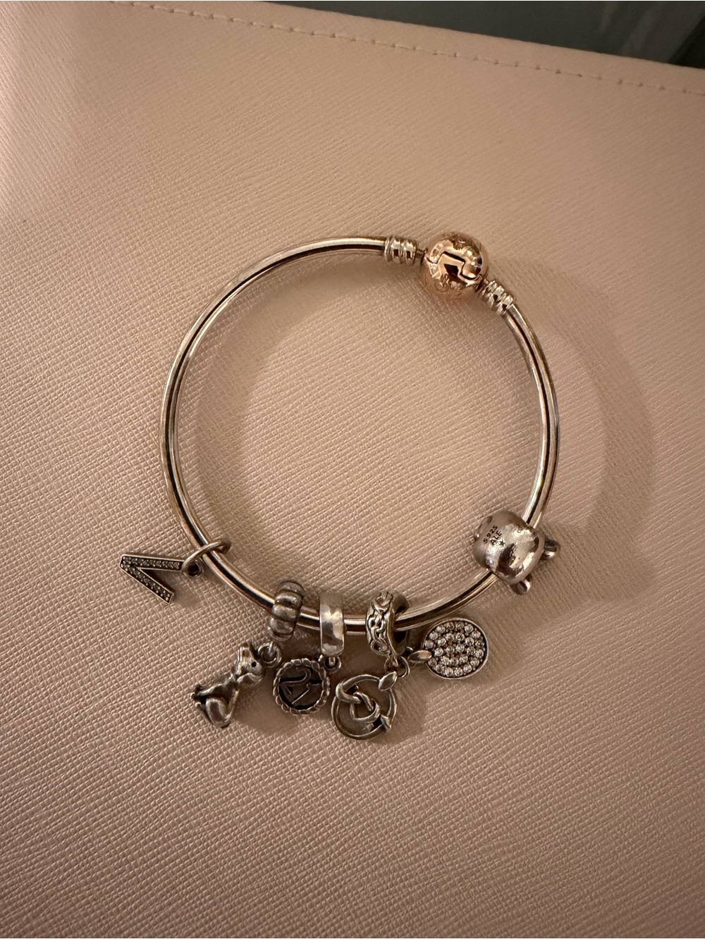 Pandora Silver Charm Bangle with Crystal Pavé Disc and Mixed Charms